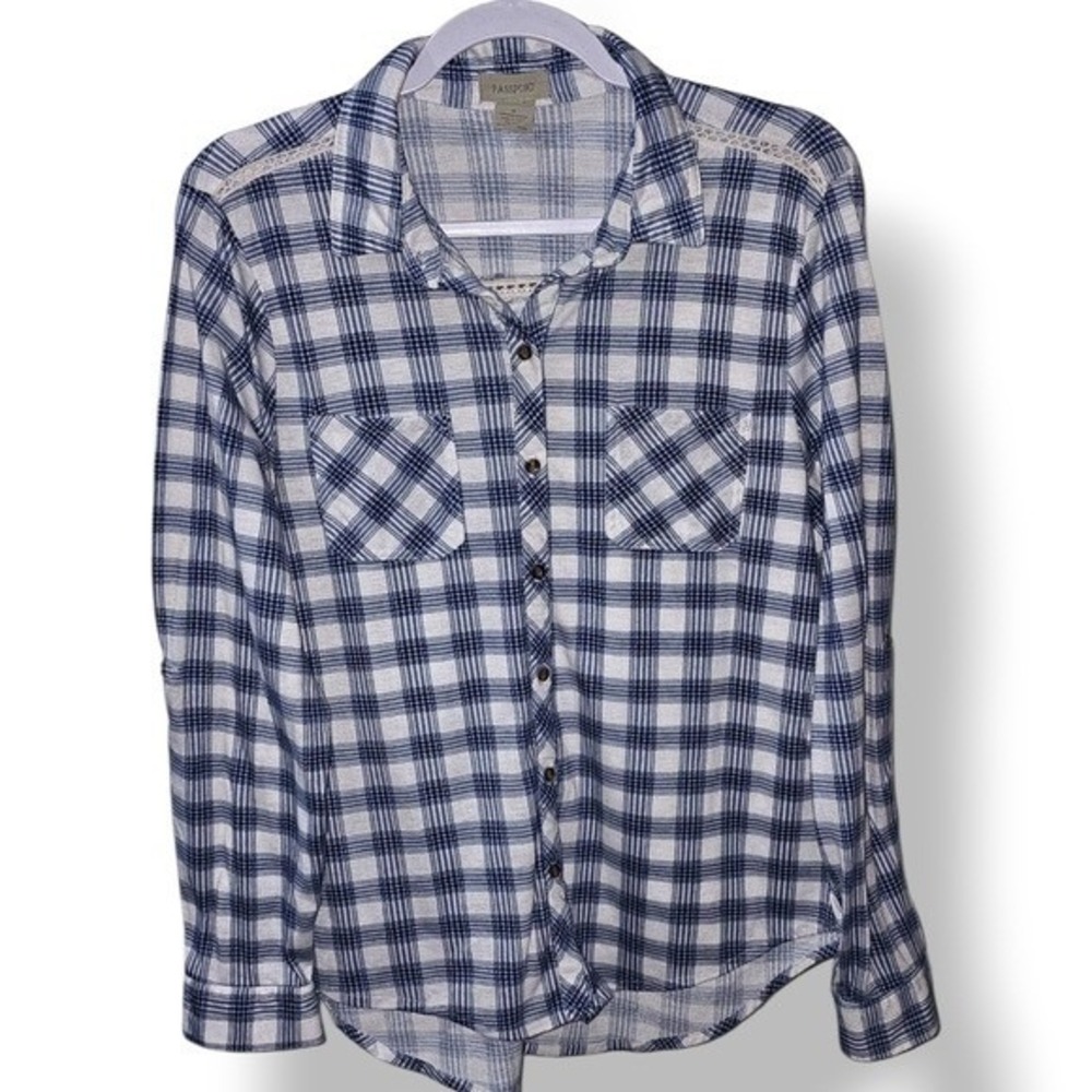 Womens Plaid Blue White Button Down Crochet Lace Trim Passport XL Casual Shirt - Picture 1 of 6
